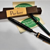 Boxed black Parker Duofold fountain pen and Green Duofold self propelling pencil both with instructions Mint condition - Sold for $93 - 2018