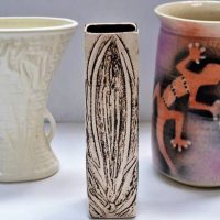 Group lot - Australian Pottery - Ellis vase w Incised decoration to front, Diana Vase w Kangaroo Paw & another w Aboriginal Lizard design signed SC to - Sold for $25 - 2018