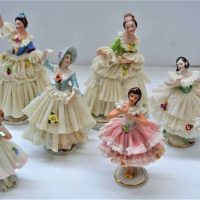 Group of 8 x Dresden porcelain lace lady figurines - some af - Sold for $35 - 2018