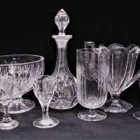Group of pressed glass and crystal including celery vases, decanter, cordial and sherry glasses etc - Sold for $75 - 2018