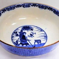 Japanese Arita Bowl with 4 character mark to base Blue and white floral transfer decoration with interior scene of a forest gatherer 25cm diameter - Sold for $87 - 2018
