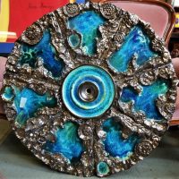 Large Trudy Fry style Australian Pottery charger, Wall plaque - bronze glaze with crackle bluegreen decoration - 85cm diameter - Sold for $149 - 2018