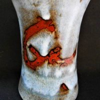 Modern Mitsuo Shoji Australian Pottery Vase - Blue coloured Glaze w Brown abstract design to front, incised signature to base - 125cm H - Sold for $75 - 2018