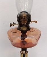 Large vintage copper and brass oil lamp with peach colored glass and 2 burners and clear chimney - Sold for $75 - 2016