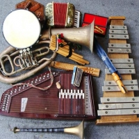 Box lot musical instruments inc - xylophone, brass woodwind, zither etc - Sold for $87 - 2016
