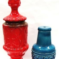 2 x Retro Italian Ceramic LAMP Bases - Bright Red & Blue - both w Raised decoration - Sold for $62 - 2016