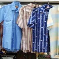 5 x original Vintage 1970's Men's summer shirts - Hawaiian shirt, Fab JANTZEN Australian Made Blue & White feather like print, Authentic Western pearl - Sold for $37 - 2016