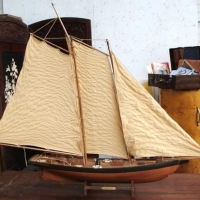 Hand made wooden twin masted  boat America 1890 with Gaff rigging - approx 80cm long - Sold for $37 - 2016