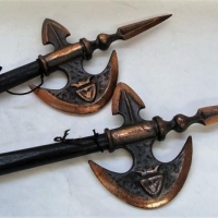 Pair 1970s wall decorator Halberds - heavy coppered ends - Sold for $31 - 2016
