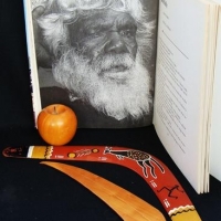 Lot 110 - Group lot - Australiana items - Hcover DOUGLAS LOCKWOOD Book 'WE THE ABORIGINES', Jug w Applied GUMNUTS & Leaves, Carved HUON Pine Gum leaf, etc - Sold for $31
