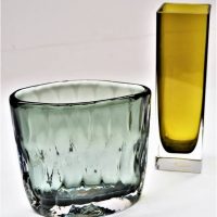 2 x Pieces c1970's ART GLASS - Smoked Vase w Textured Body & Squared Green - Sold for $37 - 2019
