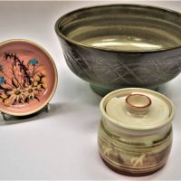 3 x pieces vintage Australian Pottery incl Phyl Dunn, Guy Boyd dish af and Sylha Halpern large bowl - Sold for $27 - 2019