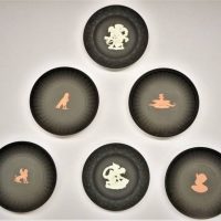 6 x boxed Wedgewood black Jasperware ceramic dishes incl Pharaoh, Sphinx, Cupid, etc - Sold for $124 - 2019