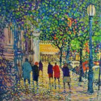 Framed JOHN RIDDELL Oil Painting - Colourful CITY STREET SCENE Possibly Collins Street - Signed & Dated '89, lower left - 545x555cm - Sold for $161 - 2019