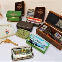 Group lot -Blokey items including Match tins, boxed Wilkinson razor, Victorian railways soap, Dewar's whiskey diary, - Sold for $75 - 2019