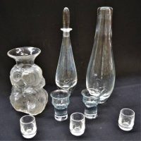 Group lot - Scandinavian Glass including Signed Orrefors glasses and decanter, Bulbous vase  etc - Sold for $43 - 2019