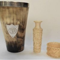 Group lot - miniature Ivory vase, Napkin ring and silver rimmed horn cup - Sold for $50 - 2019
