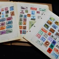 Group lot - stamps incl small box of loose stamps and Album of Hinged international stamps including 1912 Chinese Express letter and 1950s mint stamps - Sold for $68 - 2019