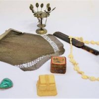 Small group lot - Tortoiseshell comb, Mesh bag, pretty Perfume bottle with stopper, Bakelite ring box, etc - Sold for $43 - 2019