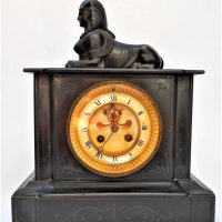 Vintage Slate Mantle clock - Visible Escapement, Loose spelter Sphinx to top, Numbered 2455 to Movement - Sold for $199 - 2019