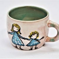 Vintage Sylvia Halpern mug with hand painted chicken and two girls - Sold for $31 - 2019