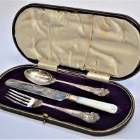 c1900 Boxed EPNS Christening set with MOP knife handle by Joshua Maxfield & Sons - Sold for $43 - 2019