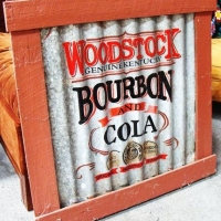 Lot 100 - Vintage style 'Woodstock Bourbon' advertising sign on corrugated iron and fence palings - approx 89x89cm - Sold for $43