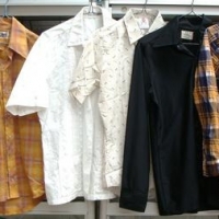 Lot 18 - Group lot - Vintage MENS SHIRTS & Clothing - Top Brand pearl snap Western shirt, Elite poly Body shirt made in Trinidad, Patterned vest, AS NEW 70's T - Sold for $43