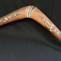 1970s Australian Mulga wood boomerang with hand painted kangaroo, snake and emu decoration - Sold for $43