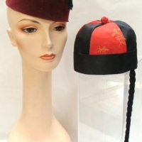 2 x Vintage hats - red velvet fez cap and chinese silk cap with top knot - Sold for $31