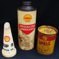 3 x Vintage Shell oil  tins and plastic oil spout pourer - Sold for $62