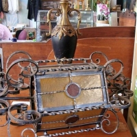 2 x lights - wrought iron ceiling lamp and gilt brass table tamp - Sold for $43