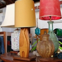 Group lot vintage Lamps, ceramic wood, bankers lamp etc - Sold for $106