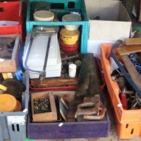 Lot 88 - Large group  lot tools & hardware inc - saws, files, levels awls, etc - Sold for $37