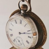 2 x pieces - Vintage c1900 Swiss STERLING SILVER Half Hunter FOBPocket Watch (working) + Gilded Metal SCOILED SNAKE Watch Stand - Sold for $130