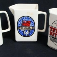 3 x ceramic Staffordshire Pottery advertising jugs - Banks, Tetley Bitter, Charles Wells - Sold for $87