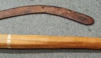 2 x vintage Aboriginal items - didgeridoo and hardwood inland boomerang - Sold for $50