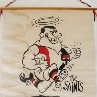 Vintage VFL St Kilda FC material wall hang - The Gordon Homes Ladies' Auxiliary - approx 50x465cm (some water damage) - Sold for $43