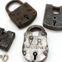 4 x vintage padlocks inc - VR Explosives, 4 Lever, etc - one with key - Sold for $56