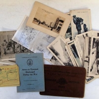 Small group lot assorted WW1 and WW2 ephemera, etc inc - Pay book, Ration book, postcards, etc - Sold for $50