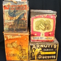 Group lot vintage biscuit tins inc - Arnotts and Phoenix, all with original paper labels - Sold for $37