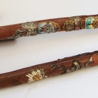 Lot 241 - 2 x Vintage souvenir walking sticks - covered with colourful badges - Sold for $35