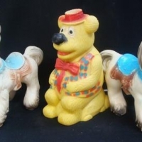 Lot 286 - 3 x vintage rubber toys inc - Humphrey B Bear bedside lamp and 2 x squeaky horses - Sold for $35