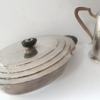 2 x Pieces silver plate - Mappin Webb serving dish and John Dixon chocolate pot with cane wrapped handle - Sold for $99