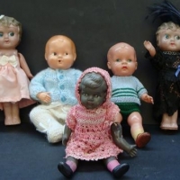 5 x vintage celluloid Dolls  - character boy, black girl, baby & 2 x cupees, all dressed, - approx h 80cm - Sold for $68 - 2017