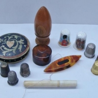 Group lot vintage sewing items inc - bone needle case turtle shell winder, thimbles including sterling silver  etc - Sold for $75 - 2017