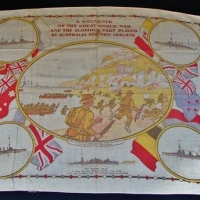 c1916 Souvenir of the Great War linen scarf - various images inc - scene of the landing at Gallipoli, The scrap heap Emden after engagement with the S - Sold for $112 - 2017