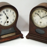 2 x small 1920s wooden cased mantle clocks with German movements - one with enamel dial and silver plaque from Albert Park Golf Club - Sold for $68 - 2017