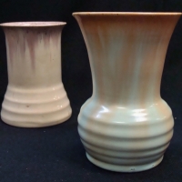 2 x 1930's Remued Australian pottery Vases - pale cream with brown & pale green with light orange - approx h 12 cm - Sold for $31 - 2017
