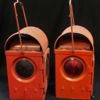 2 x vintage red metal workman's lamps - Sold for $81 - 2017